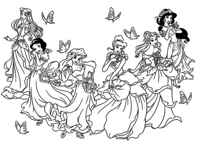 Tô màu công chúa Disney cùng với bướm và hoa