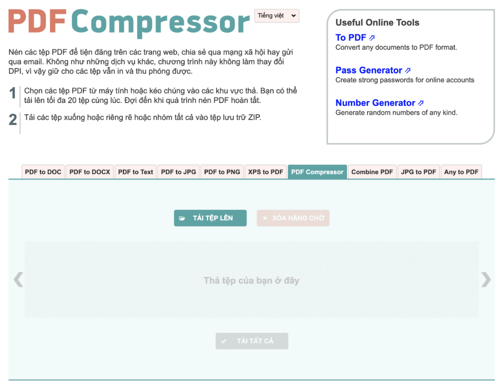 Né file pdf trực tuyền bằng phần mềm Pdf compressor